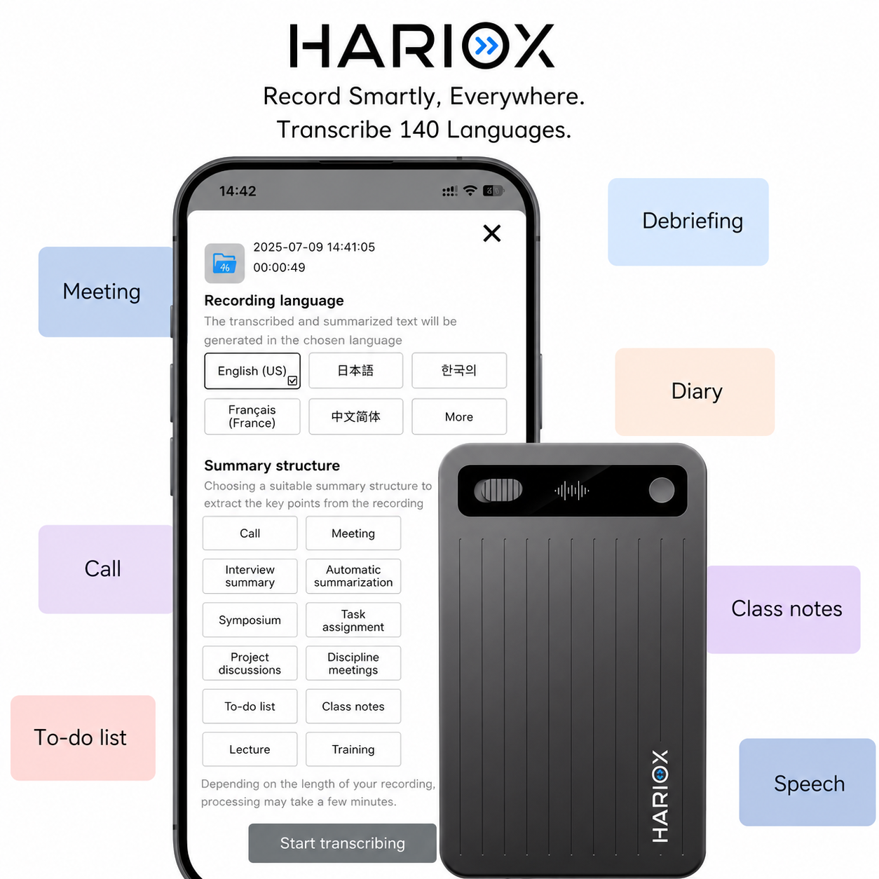 HARIOX AI Voice Recorder showing AI transcription and meeting summary
