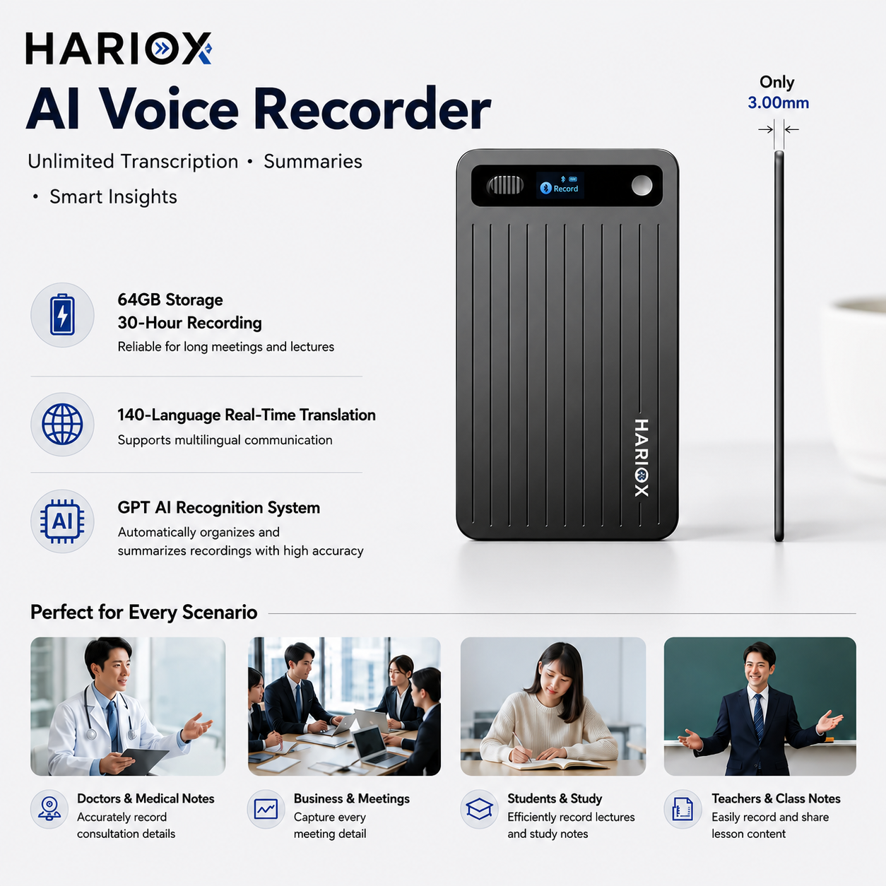 HARIOX AI Voice Recorder size compared to a credit card — 0.12 inch thin