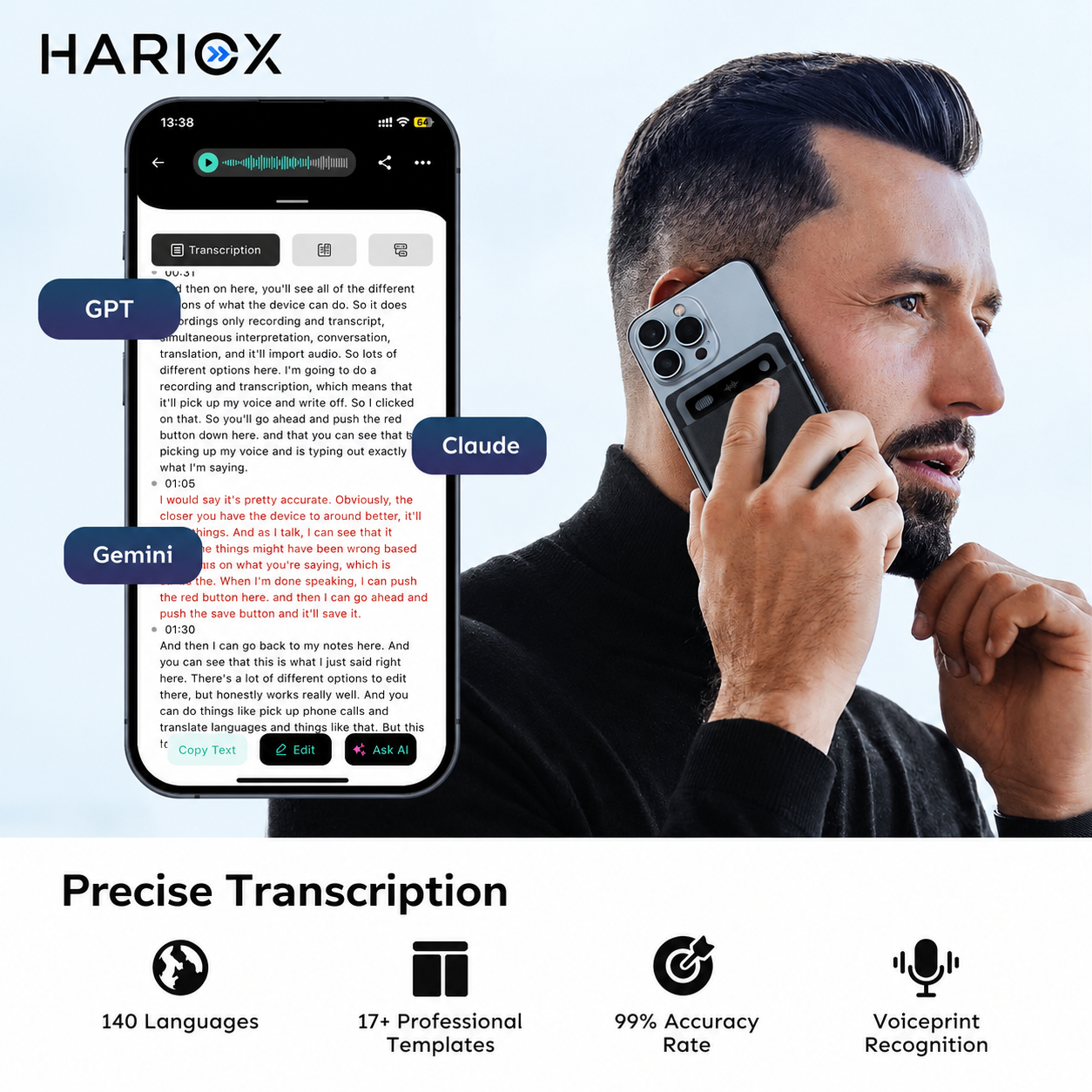 HARIOX AI Voice Recorder app transcript with speaker labels