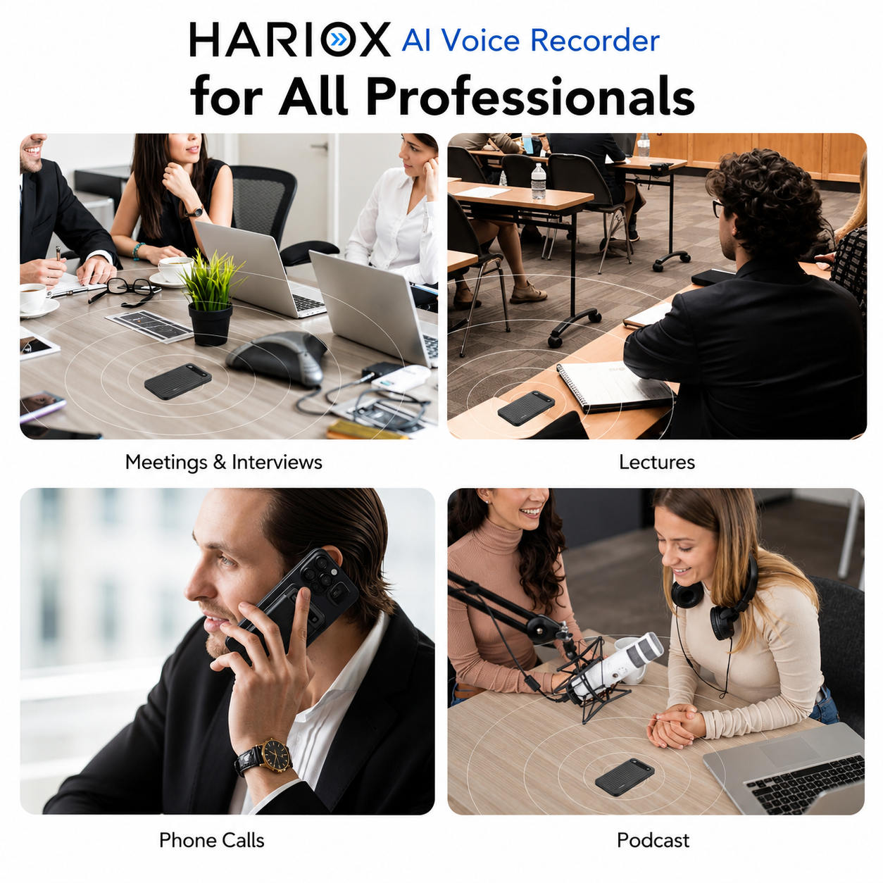 HARIOX AI Voice Recorder specifications — 40-hour battery and 64GB storage
