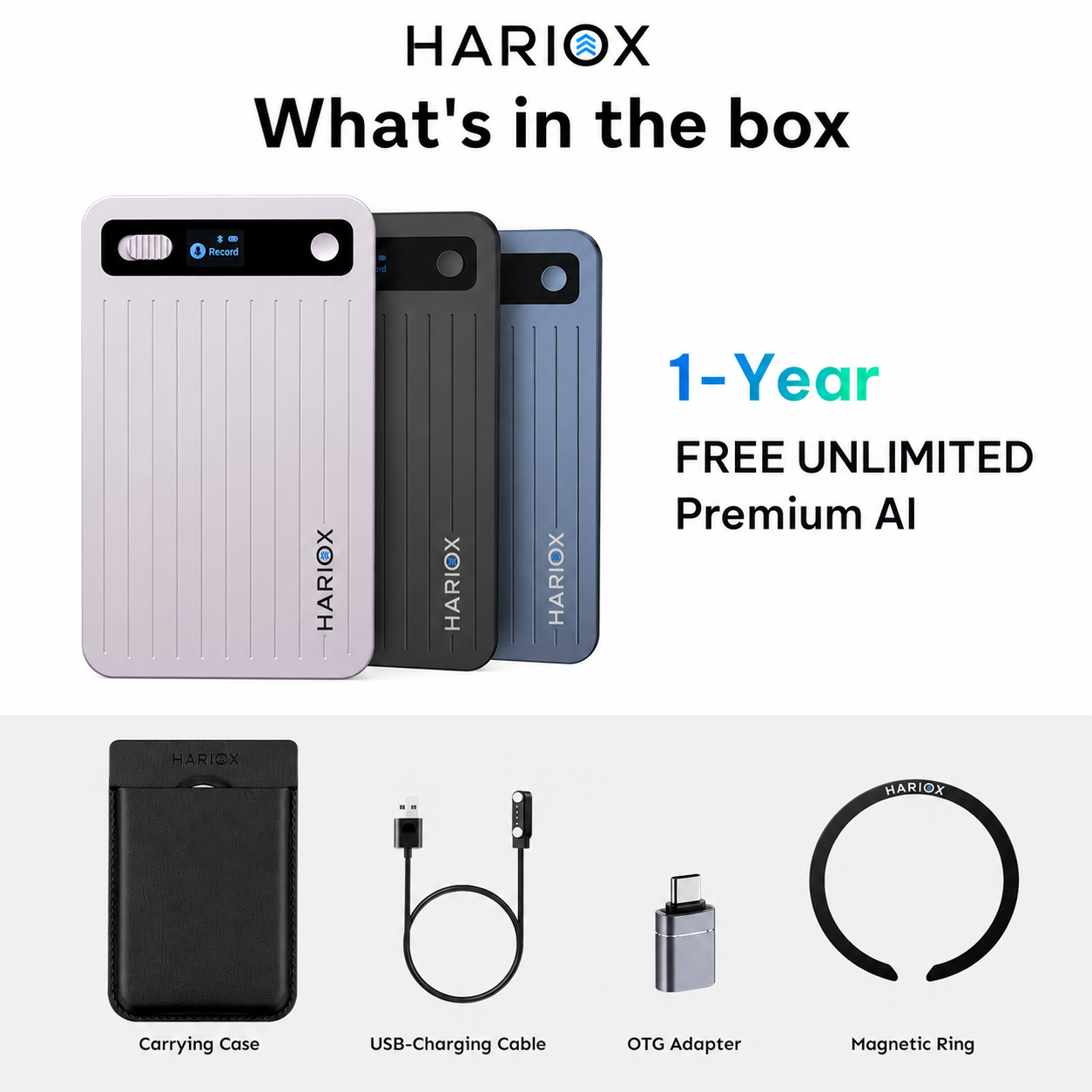HARIOX AI Voice Recorder in the box with USB-C charging